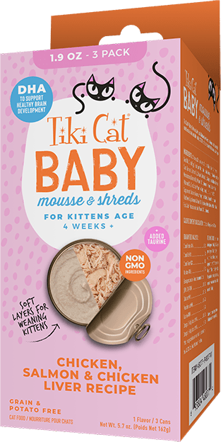 Tiki Cat Baby Kitten Mousse & Shreds With Chicken, Salmon & Chicken Liver Recipe